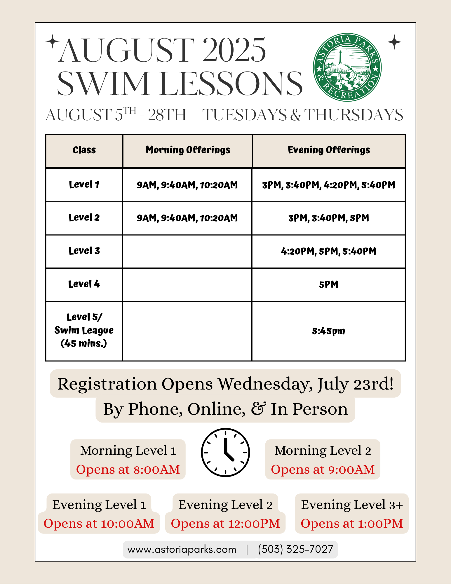 August 2025 Swim Lessons